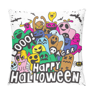 Personality  Happy Halloween Contour Outline Doodle. Ghost, Bat, Pumpkin, Spider, Monster Set. Orange Cloud. White Background Flat Design Vector Illustration Pillow Covers