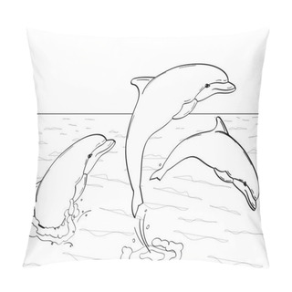 Personality  Pop Art. Vector Of Imitation Retro Comic Style. Rest On The Sea, Three Dolphins Play In The Water. Book Coloring For Children Pillow Covers