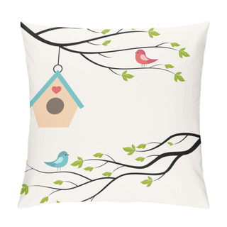Personality  Birds On Branch Of Tree And Birdhouse. Pillow Covers