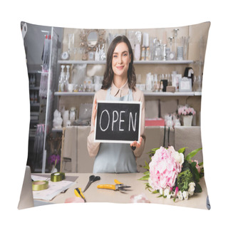 Personality  Smiling Florist Holding Chalkboard With Open Lettering Near Bouquet On Desk With Tools And Decorative Ribbons Pillow Covers
