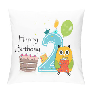 Personality  Second Birthday Greeting Card. Cute Blue Owl, Balloon And Birthday Cake Vector Background Pillow Covers