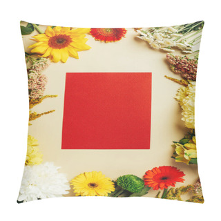 Personality  Flat Lay With Various Beautiful Flowers And Blank Red Card On Beige Background Pillow Covers