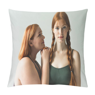 Personality  Plus Size Sportswoman Looking At Redhead Friend Isolated On Grey  Pillow Covers
