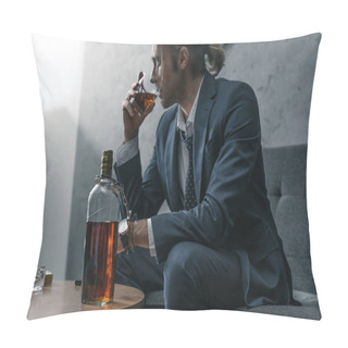 Personality  Alcohol Addicted Businessman With Glass And Bottle Of Whiskey Sitting On Couch Pillow Covers