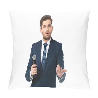 Personality  Amazed Anchorman With Microphone Pointing With Hand While Looking At Camera Isolated On White Pillow Covers