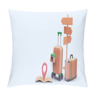 Personality  Concept Banner For Turism In Realistic Style With Map, Pointer, Road Sign, Suitcase, Camera. Vector Illustration Pillow Covers