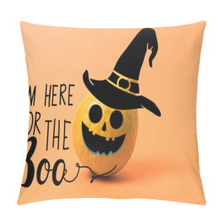 Personality  Painted Yellow Halloween Pumpkin On Orange Colorful Background With I Am Here For The Boo Illustration Pillow Covers