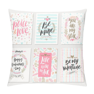 Personality Vector Set Of Valentine's Day Hand Drawn Posters Or Greeting Card With Handwritten Calligraphy Quotes, Phrase And Illustrations. Pillow Covers
