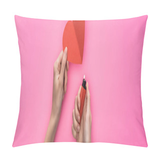 Personality  Cropped View Of Woman Lighting Up Empty Red Paper Heart With Lighter Isolated On Pink, Panoramic Shot Pillow Covers