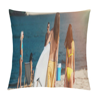Personality  Back View Of Young Man Holding Surfboard Near Girl In Swimsuit, Panoramic Shot Pillow Covers