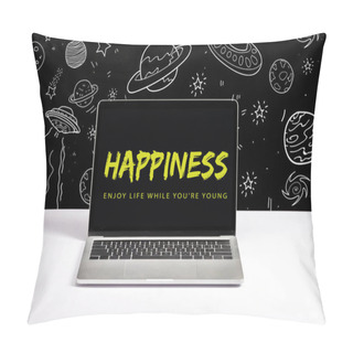 Personality  Laptop On Table With Enjoy Life While You Are Young And Happiness Lettering On Screen With White Galaxy Illustration On Black  Pillow Covers