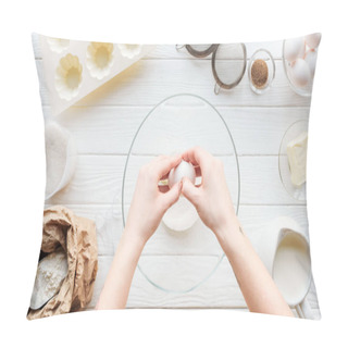 Personality  Partial View Of Woman Cracking Egg In Bowl While Cooking On Table Pillow Covers