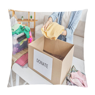 Personality  Partial View Of Young And Tattooed Woman Holding Yellow Jumper Above Carton Box With Donate Lettering Near Plastic Container With Clothing, Sustainable Living And Social Responsibility Concept Pillow Covers