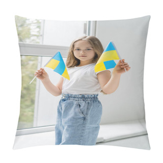 Personality  Patriotic Girl With Small Ukrainian Flags Standing Near Window And Looking At Camera Pillow Covers