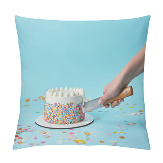 Personality  Cropped View Of Woman Cutting Delicious Cake On Blue Background Pillow Covers