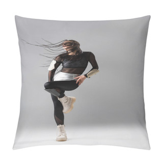 Personality  Woman With Braided Dreadlocks Posing In White Boots And Futuristic Outfit On Grey Background Pillow Covers