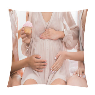 Personality  Cropped View Of Girlfriends Touching Belly Of Young Pregnant Woman Holding Pink Cupcake On Baby Shower  Pillow Covers