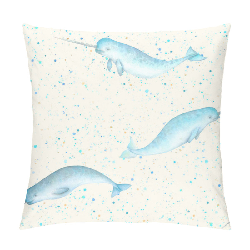 Personality  Watercolor blue teal narwhals, paint splashes seamless pattern on milky white background. Watercolour hand drawn sea ocean unicorn whale illustration. Print or textile, fabric, wallpaper, wrapping. pillow covers