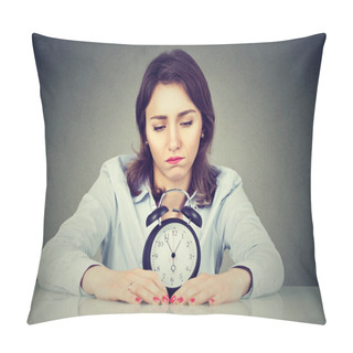 Personality  Sad Bored Woman With Alarm Clock Sitting At Table In Her Office  Pillow Covers