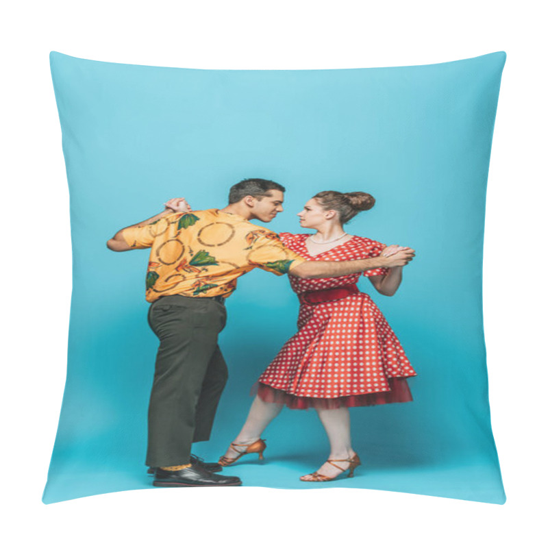 Personality  stylish dancers holding hands while dancing boogie-woogie on blue background pillow covers