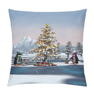 Personality  Penguins Around A Christmas Tree In A Winter Mountain Landscape Pillow Covers