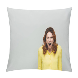 Personality  Angry Woman In Yellow Blouse Screaming While Looking At Camera On Grey Pillow Covers