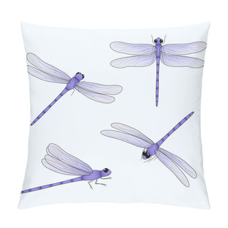 Personality  Cute Dragonflies Set. Purple Insect Drawn From Four Different Positions. Damselfly Flat Vector Illustration. Spring, Summer Nature. Pillow Covers
