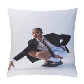 Personality  A Young African American Woman In A Suit And Tie Gracefully Kneels Down Pillow Covers