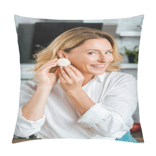 Personality  Beautiful Adult Woman Holding Mushroom Near Ear Like Earring And Looking At Camera Pillow Covers