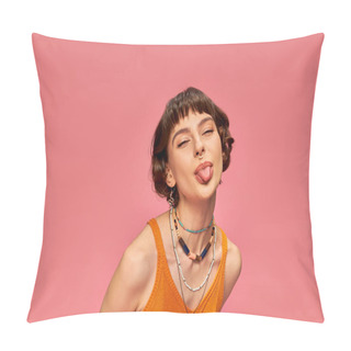 Personality  Cheeky Carefree Girl In 20s With Short Brunette Hair Sticking Tongue Out On Pink Background Pillow Covers