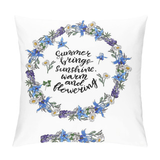 Personality  Round Frame With Pretty Flowers Columbine And Camomile And Summer Lettering Pillow Covers