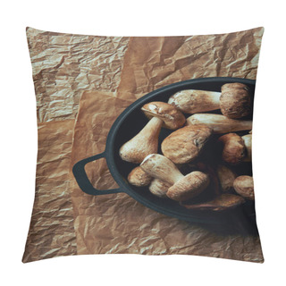 Personality  Top View Of Raw Delicious Boletus Edulis Mushrooms In Pan On Parchment Paper Pillow Covers