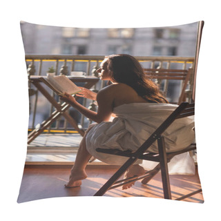 Personality  Back View Of Attractive Woman Covered In White Sheet Reading Book And Sitting On Balcony Pillow Covers