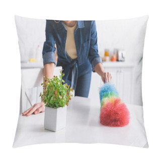 Personality  Cropped View Of Blurred Woman Cleaning Table With Dust Brush  Pillow Covers