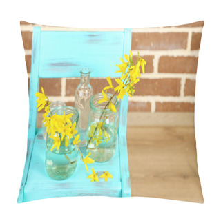 Personality  Beautiful Forsythia Blossom In Transparent Jars On Brick Wall Background Pillow Covers