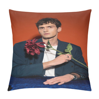 Personality  Portrait Of Stylish Man Holding Burgundy Dahlia Flower On Red Background Pillow Covers