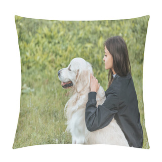 Personality  Beautiful Young Woman Hugging Dog And Sitting On Grass In Park Pillow Covers