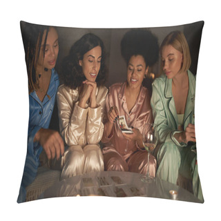 Personality  Smiling African American Woman Holding Tarot Cards Near Multiethnic Girlfriends With Wine And Candles During Pajama Party At Night At Home, Bonding Time In Comfortable Sleepwear, Divination  Pillow Covers