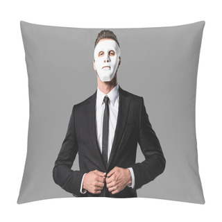 Personality  Confident Handsome Businessman In Black Suit And White Mask Isolated On Grey Pillow Covers