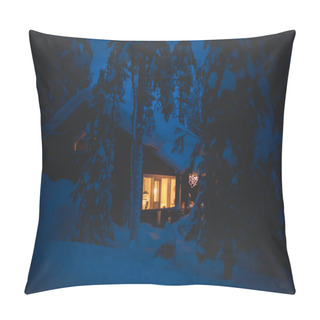 Personality  Beautiful Scandinavian Finnish Swedish Norwegian Wooden Cottage Cabin Near Slopes On A Ski Resort In The Night Time Pillow Covers