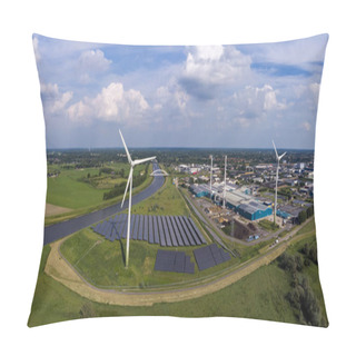 Personality  Panoramic View Of Wind Turbines, Water Treatment And Bio Energy Facility And Solar Panels In The Netherlands Part Of Sustainable Industry Pillow Covers