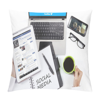 Personality  Worker Using Gadget To Open Social Media Site Pillow Covers