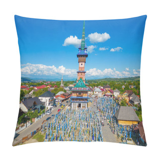 Personality  Panorama Of Church Of The Nativity Of The Mother Of God And Decorated Tombstones At The Merry Cemetary In Romanian Village Sapanta Pillow Covers