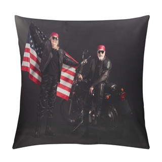 Personality  Full Size Photo Of Two People Retired Pensioner Man Woman Sit Motor Bike Hold Use Flag Enjoy Citizen Independence Day Adventure Wear Leather Jacket Sunglass Isolated Black Color Background Pillow Covers