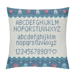 Personality  Sea Knitted Font. Knitted Latin Alphabet On Sea Theme Patterns Background. Woolen Knitted Texture. Nordic Fair Isle Sweater Design. Vector Illustration. Pillow Covers