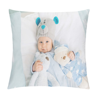 Personality  Little Boy Loves Teddy Bears. Baby In A Teddy Hat. Cute Kid Like Teddy Dear With Toys Pillow Covers