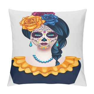 Personality  Dia De Los Muertos Girl Face Painting, Mexican Holliday. Vector Illustration Design Pillow Covers