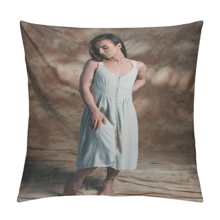 Personality  Barefoot Queer Person In Sundress Standing On Abstract Brown Background  Pillow Covers