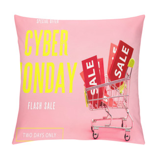 Personality  Red Labels With Sale In Small Shopping Trolley Near Special Offer, Cyber Monday Lettering On Pink Pillow Covers