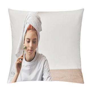 Personality  Beautiful Young Extravagant Person In Comfy Homewear With Hair Towel Using Face Roller At Home Pillow Covers